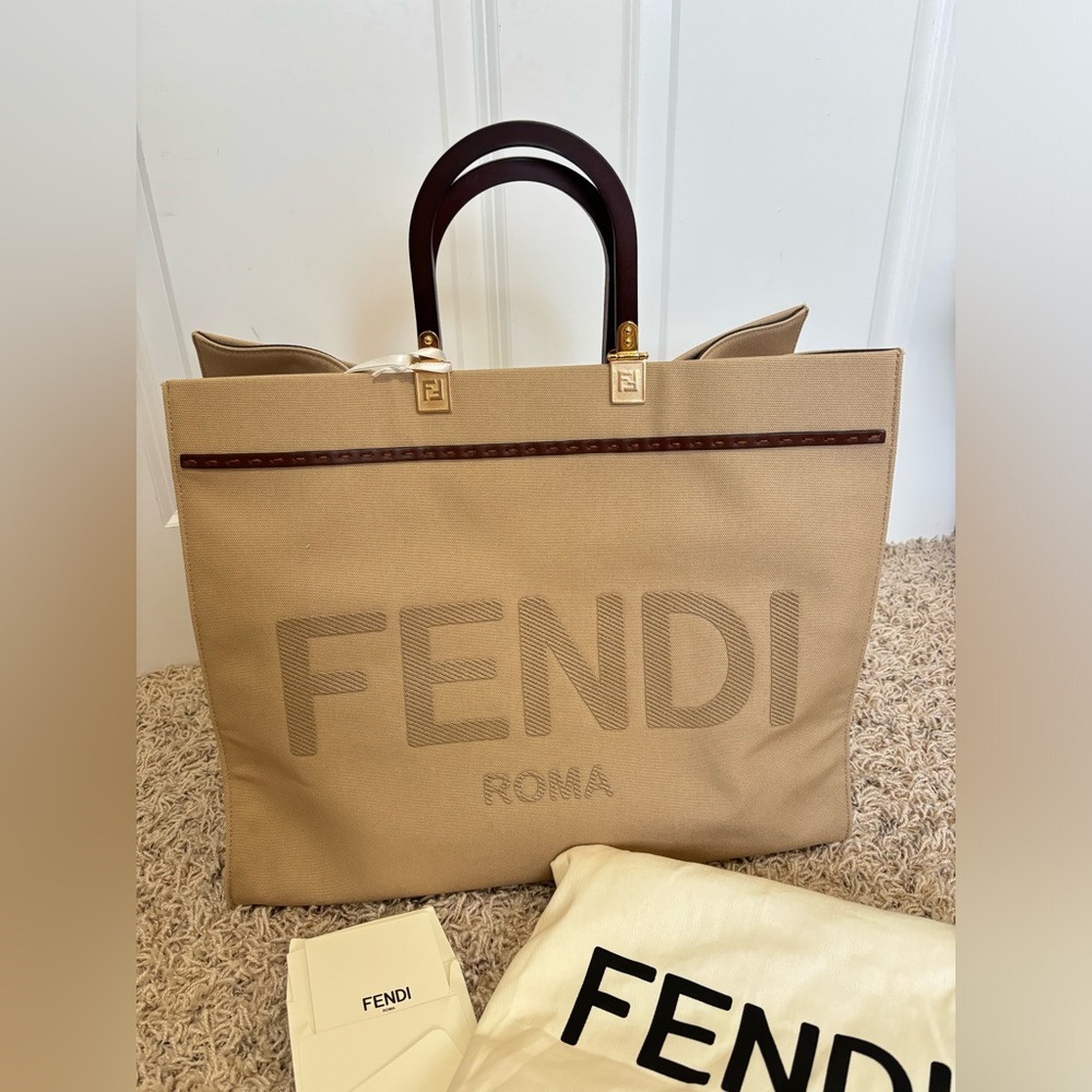 Fendi Sunshine Medium Tote Bag Canvas Beige Brown - Picture 3 of 12